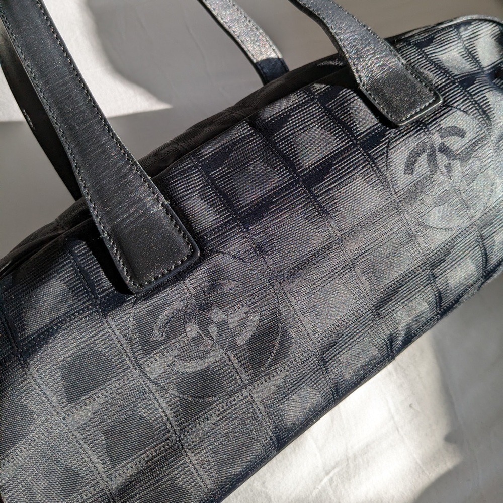 Auth. Chanel Travel Line Black Bowling Bag/Shoulder Bag
